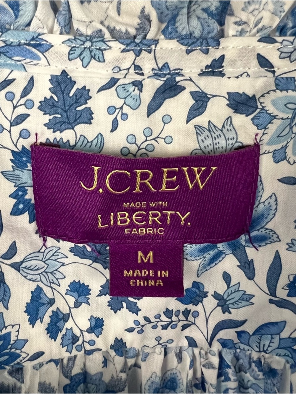 J. Crew Liberty London Floral Ruffle Smocked Short Sleeve Top Blue White 2022 M - Picture 8 of 10